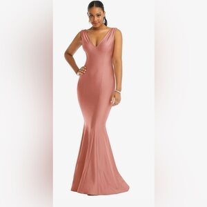 Cynthia & Sahar Shirred Shoulder Stretch Satin Mermaid Dress in Desert Rose